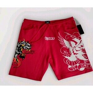 Ed Hardy Men's Hellcat Tattoo Red Fleece Drawstring Shorts Size Large NWT